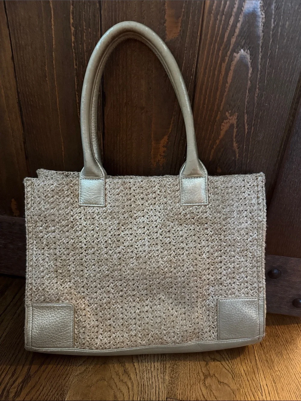 Tory Burch Neutral Straw Tote with Gold Trim